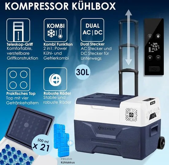 Compressorkoelbox - elektrische vriezer - 30 liter met APP-bediening USB 12/24V 230V en telescopische stangwielen - Frigobox tot -20°C - voor auto, vrachtwagen, boot, caravan en camping - grijs