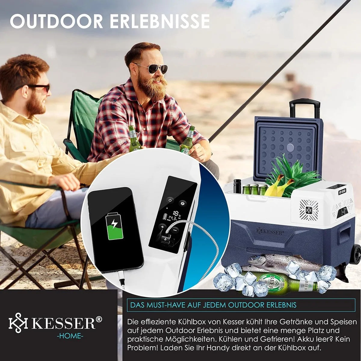 Compressorkoelbox - elektrische vriezer - 30 liter met APP-bediening USB 12/24V 230V en telescopische stangwielen - Frigobox tot -20°C - voor auto, vrachtwagen, boot, caravan en camping - grijs