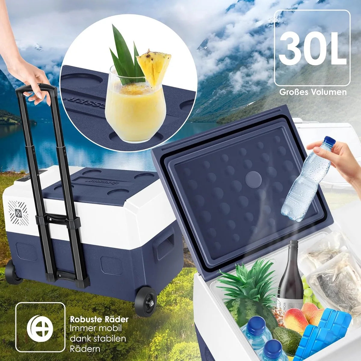 Compressorkoelbox - elektrische vriezer - 30 liter met APP-bediening USB 12/24V 230V en telescopische stangwielen - Frigobox tot -20°C - voor auto, vrachtwagen, boot, caravan en camping - grijs