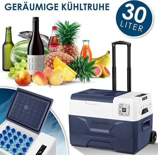 Compressorkoelbox - elektrische vriezer - 30 liter met APP-bediening USB 12/24V 230V en telescopische stangwielen - Frigobox tot -20°C - voor auto, vrachtwagen, boot, caravan en camping - grijs