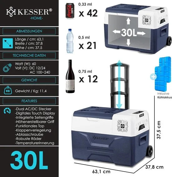 Compressorkoelbox - elektrische vriezer - 30 liter met APP-bediening USB 12/24V 230V en telescopische stangwielen - Frigobox tot -20°C - voor auto, vrachtwagen, boot, caravan en camping - grijs