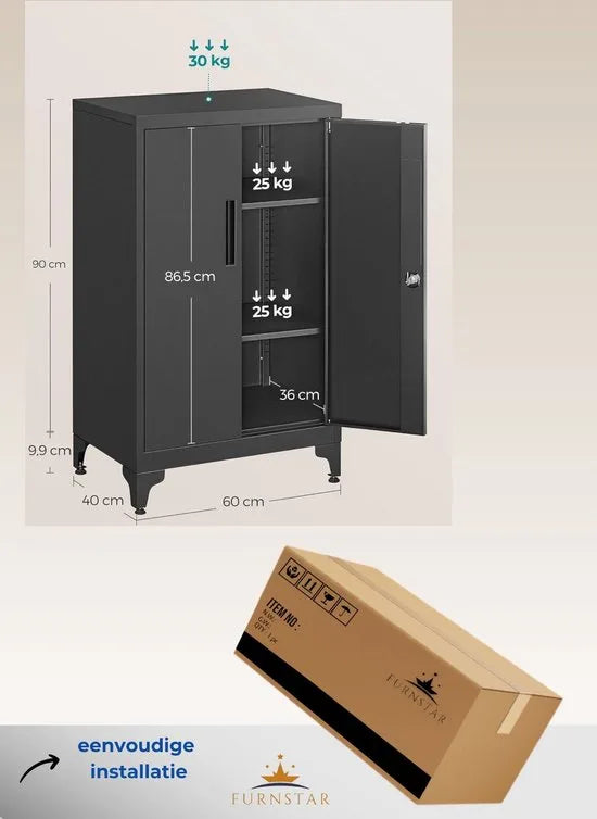 Dossierkast - Multifunctionele kast - Kantoorkast met 2 deuren - Kast afsluitbaar - Voor werkkamer - Woonkamer - 40D x 60B x 90H cm - Inktzwart