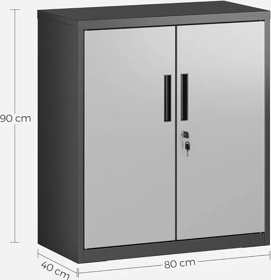 Dossierkast - multifunctionele kast - kantoorkast met 2 deuren - kast afsluitbaar - opbergkast van staal - voor werkkamer - woonkamer - 40D x 80B x 90H cm - zilver en zwart