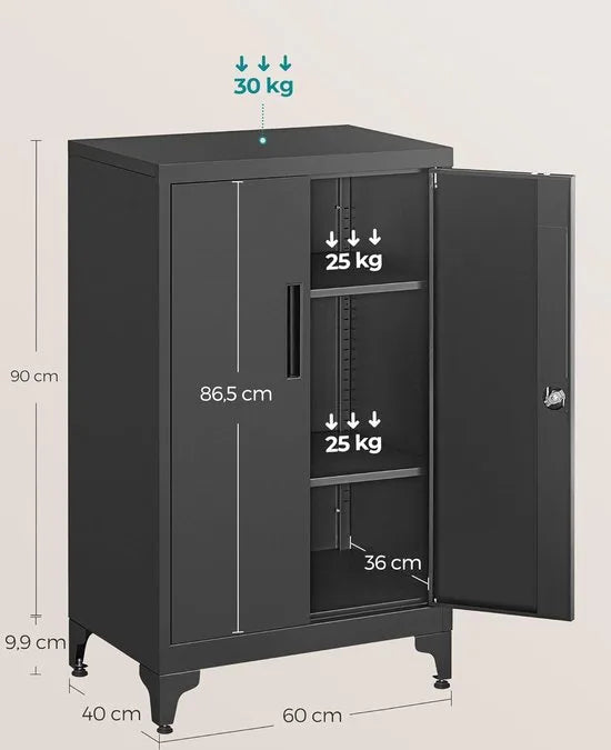 Dossierkast - Multifunctionele kast - Kantoorkast met 2 deuren - Kast afsluitbaar - Voor werkkamer - Woonkamer - 40D x 60B x 90H cm - Inktzwart