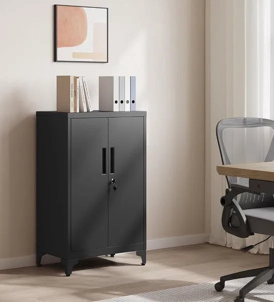 Dossierkast - Multifunctionele kast - Kantoorkast met 2 deuren - Kast afsluitbaar - Voor werkkamer - Woonkamer - 40D x 60B x 90H cm - Inktzwart