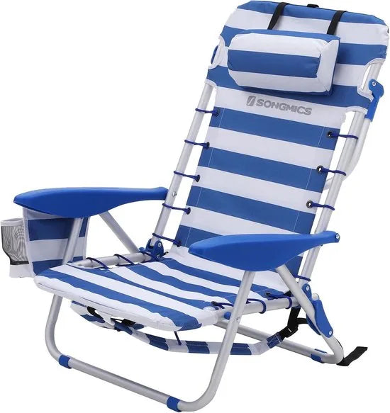 Draagbare strandstoel met afneembare hoofdsteun, opvouwbare strandstoel met rugleuning, verstelbare rugleuning tot 180°, met bekerhouder en zak