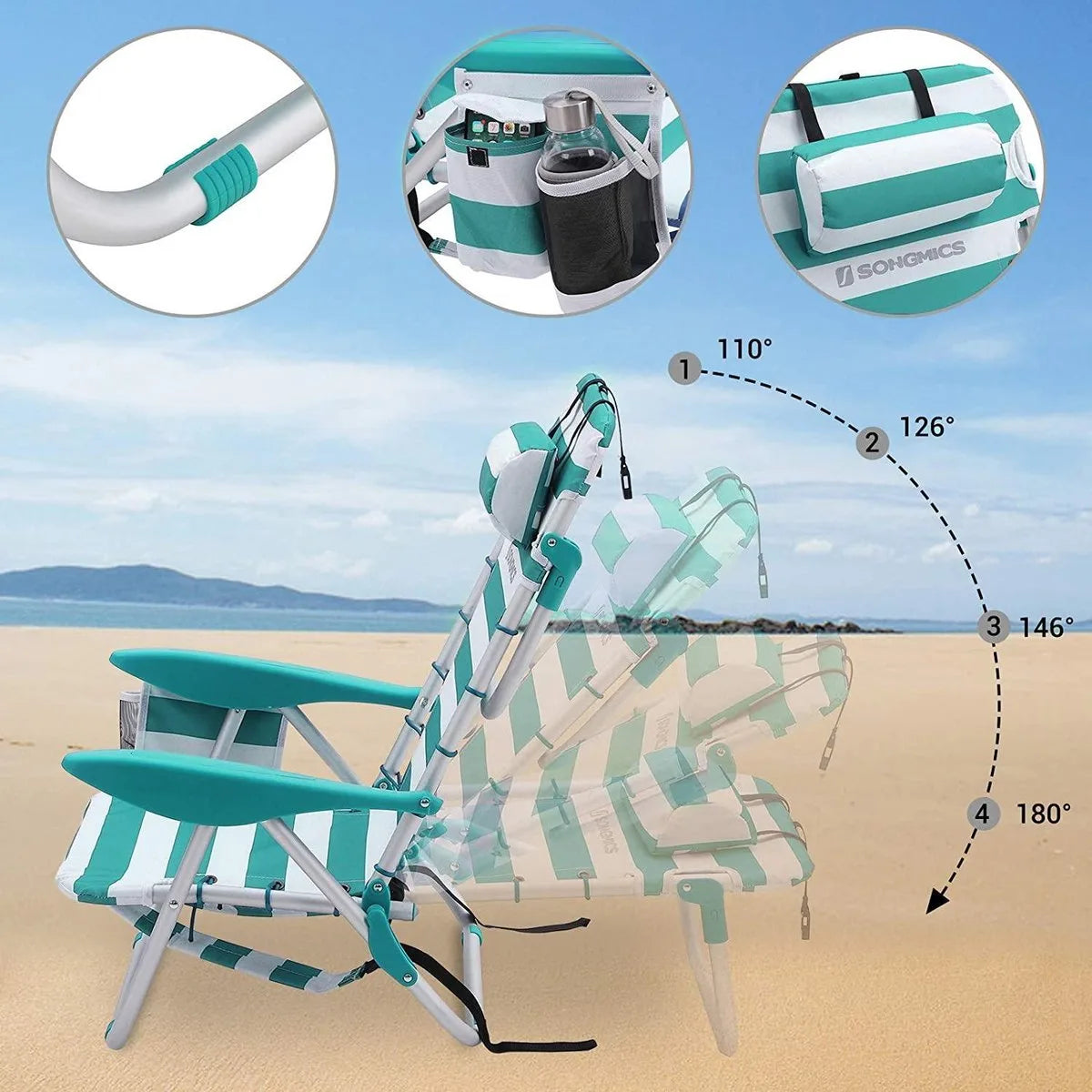 Draagbare strandstoel met afneembare hoofdsteun, opvouwbare strandstoel met rugleuning, verstelbare rugleuning tot 180°, met bekerhouder en zak HMBC62JW