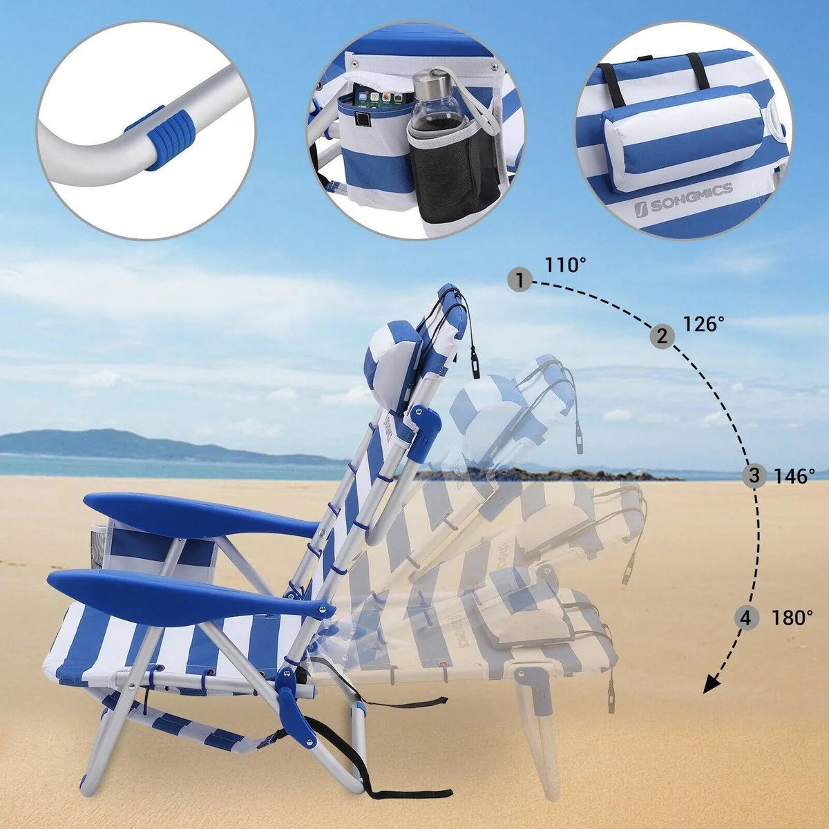 Draagbare strandstoel met afneembare hoofdsteun, opvouwbare strandstoel met rugleuning, verstelbare rugleuning tot 180°, met bekerhouder en zak
