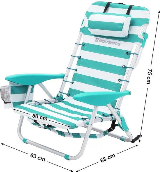 Draagbare strandstoel met afneembare hoofdsteun, opvouwbare strandstoel met rugleuning, verstelbare rugleuning tot 180°, met bekerhouder en zak HMBC62JW