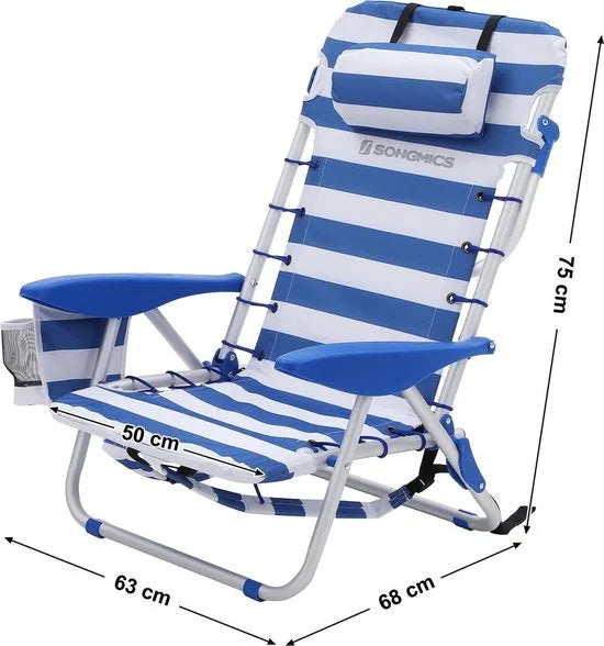 Draagbare strandstoel met afneembare hoofdsteun, opvouwbare strandstoel met rugleuning, verstelbare rugleuning tot 180°, met bekerhouder en zak