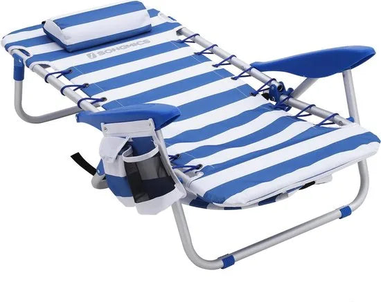 Draagbare strandstoel met afneembare hoofdsteun, opvouwbare strandstoel met rugleuning, verstelbare rugleuning tot 180°, met bekerhouder en zak