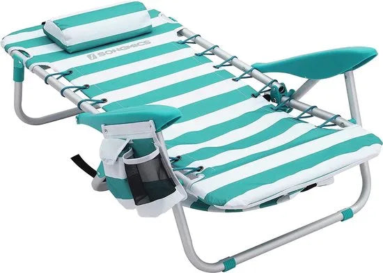 Draagbare strandstoel met afneembare hoofdsteun, opvouwbare strandstoel met rugleuning, verstelbare rugleuning tot 180°, met bekerhouder en zak HMBC62JW