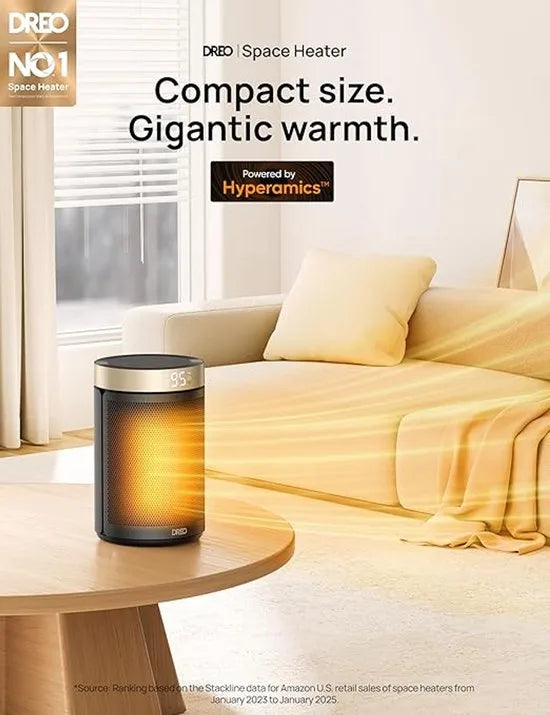 Dreo Atom 316, energiebesparende ventilatorkachel, 34 dB, stil, 1500 W, PTC-keramiek, thermostaat, oververhittings- en kantelbeveiliging, 12 uur timer, elektrische verwarming voor kamers