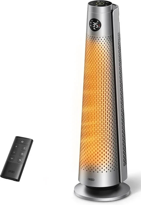 Dreo DR-HSH008 Keramische Torenverwarmer 2000W – Elektrische Verwarming met Afstandsbediening, 120° Oscillatie, Thermostaat, 5 Modi en 3 Ventilatorsnelheden – Stil (25 dB), Energiezuinig en Veilig – Zilver