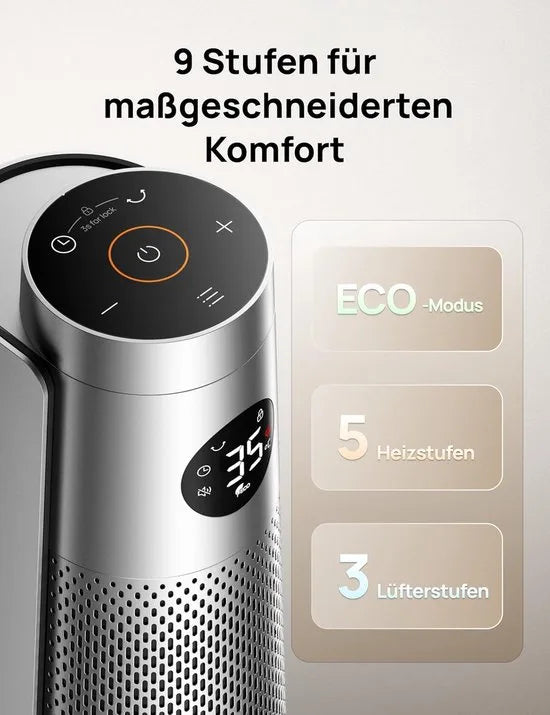 Dreo DR-HSH008 Keramische Torenverwarmer 2000W – Elektrische Verwarming met Afstandsbediening, 120° Oscillatie, Thermostaat, 5 Modi en 3 Ventilatorsnelheden – Stil (25 dB), Energiezuinig en Veilig – Zilver