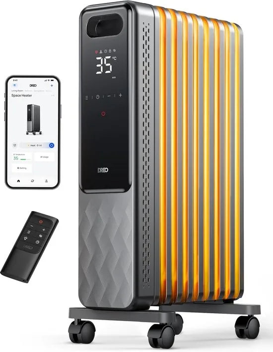 Dreo OH310 Olieradiator 2000W – Energiezuinige Elektrische Verwarming met 9 Ribben – Afstandsbediening, 3 Warmtestanden, 4 Modi, Eco-functie en 24-uurs Timer – Stil, Veilig en Mobiel – Model OH310 - Grijs