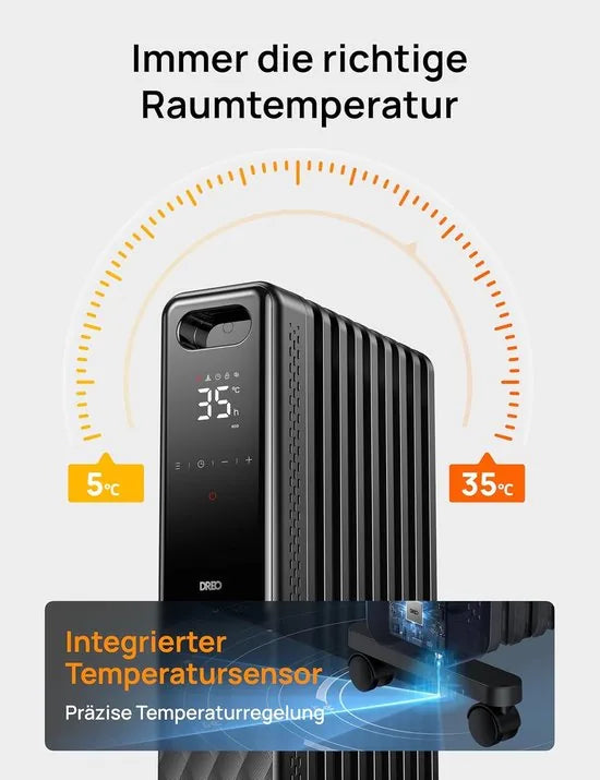 Dreo OH310 Olieradiator 2000W – Energiezuinige Elektrische Verwarming met 9 Ribben – Afstandsbediening, 3 Warmtestanden, 4 Modi, Eco-functie en 24-uurs Timer – Stil, Veilig en Mobiel – Model OH310 - Grijs