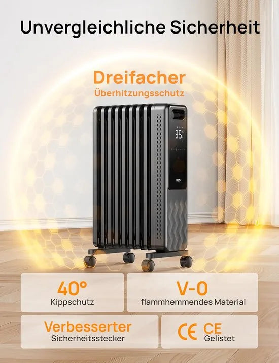 Dreo OH310 Olieradiator 2000W – Energiezuinige Elektrische Verwarming met 9 Ribben – Afstandsbediening, 3 Warmtestanden, 4 Modi, Eco-functie en 24-uurs Timer – Stil, Veilig en Mobiel – Model OH310 - Grijs