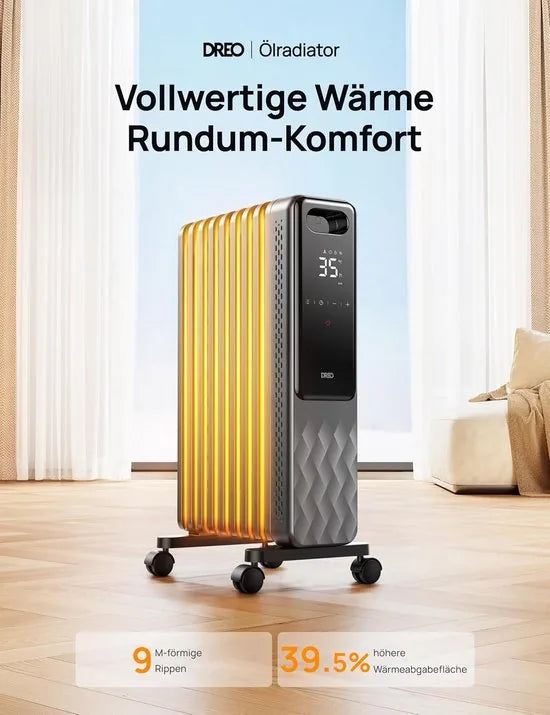 Dreo OH310 Olieradiator 2000W – Energiezuinige Elektrische Verwarming met 9 Ribben – Afstandsbediening, 3 Warmtestanden, 4 Modi, Eco-functie en 24-uurs Timer – Stil, Veilig en Mobiel – Model OH310 - Grijs