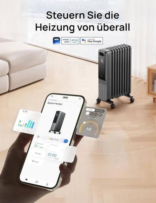Dreo OH310 Olieradiator 2000W – Energiezuinige Elektrische Verwarming met 9 Ribben – Afstandsbediening, 3 Warmtestanden, 4 Modi, Eco-functie en 24-uurs Timer – Stil, Veilig en Mobiel – Model OH310 - Grijs