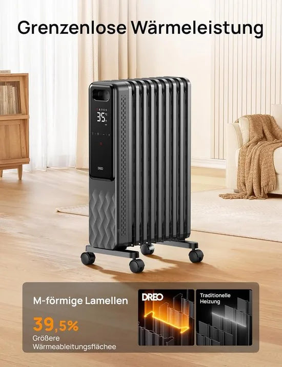 Dreo OH310 Olieradiator 2000W – Energiezuinige Elektrische Verwarming met 9 Ribben – Afstandsbediening, 3 Warmtestanden, 4 Modi, Eco-functie en 24-uurs Timer – Stil, Veilig en Mobiel – Model OH310 - Grijs