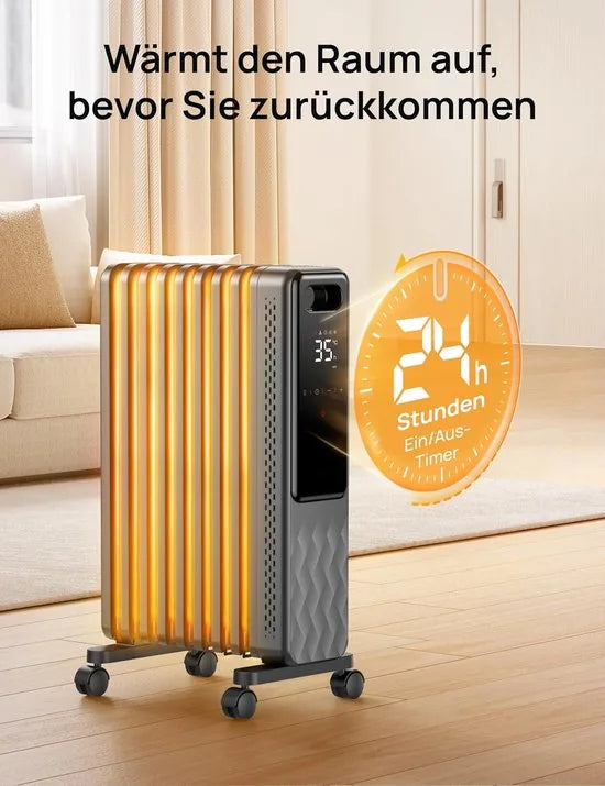 Dreo OH310 Olieradiator 2000W – Energiezuinige Elektrische Verwarming met 9 Ribben – Afstandsbediening, 3 Warmtestanden, 4 Modi, Eco-functie en 24-uurs Timer – Stil, Veilig en Mobiel – Model OH310 - Grijs