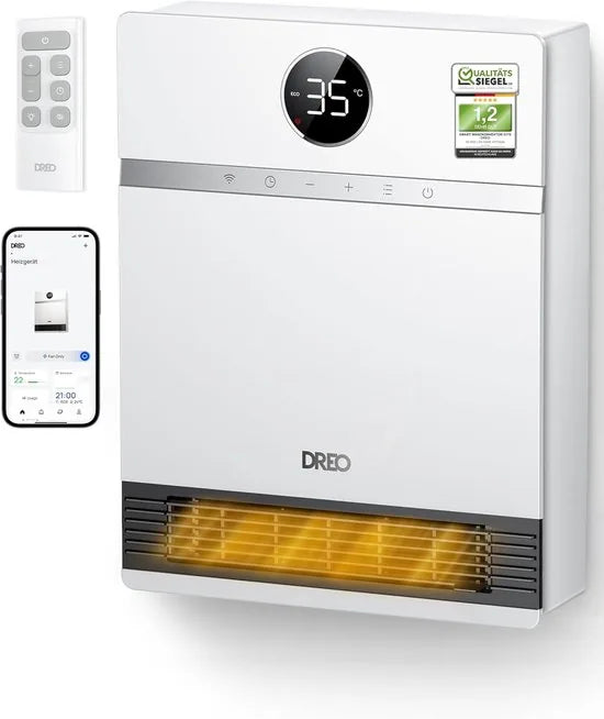 Dreo Smart Wandconvector 2000W – Elektrische Verwarming met Thermostaat, Afstandsbediening, Weektimer & Alexa – PTC Verwarmingssysteem – Stil & Energiezuinig – IP24 – Model DR-HSH017S - Wit