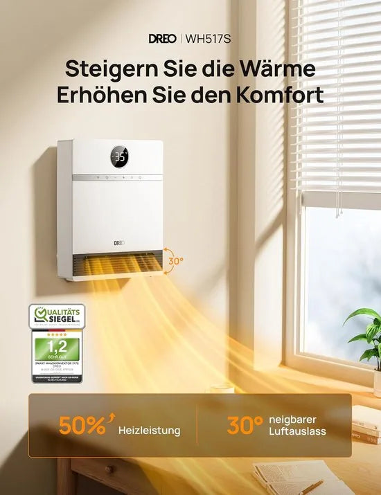Dreo Smart Wandconvector 2000W – Elektrische Verwarming met Thermostaat, Afstandsbediening, Weektimer & Alexa – PTC Verwarmingssysteem – Stil & Energiezuinig – IP24 – Model DR-HSH017S - Wit