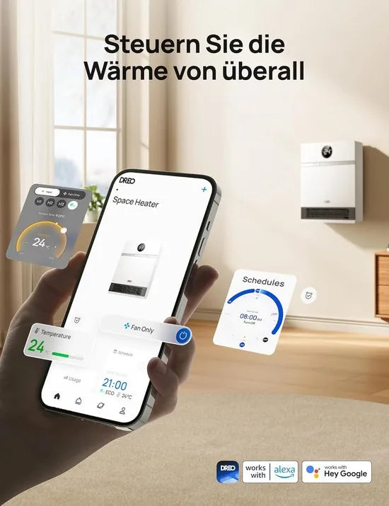 Dreo Smart Wandconvector 2000W – Elektrische Verwarming met Thermostaat, Afstandsbediening, Weektimer & Alexa – PTC Verwarmingssysteem – Stil & Energiezuinig – IP24 – Model DR-HSH017S - Wit