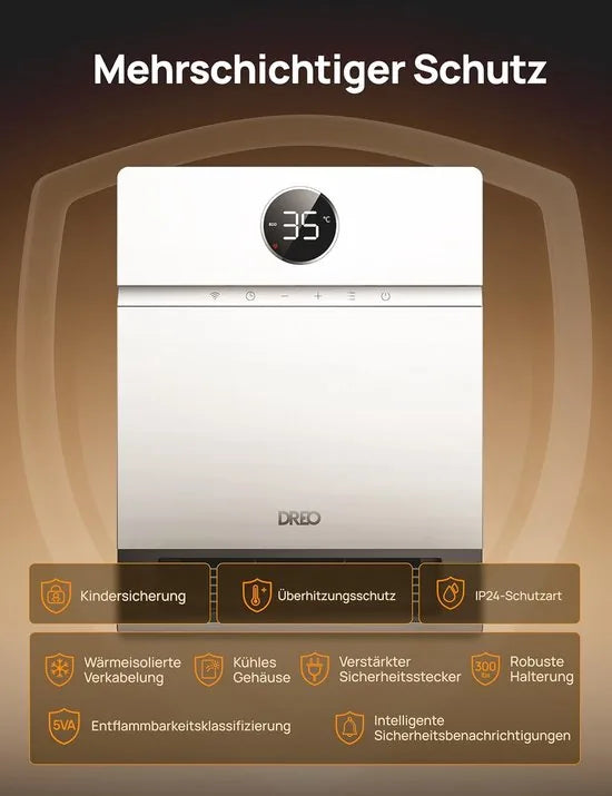 Dreo Smart Wandconvector 2000W – Elektrische Verwarming met Thermostaat, Afstandsbediening, Weektimer & Alexa – PTC Verwarmingssysteem – Stil & Energiezuinig – IP24 – Model DR-HSH017S - Wit