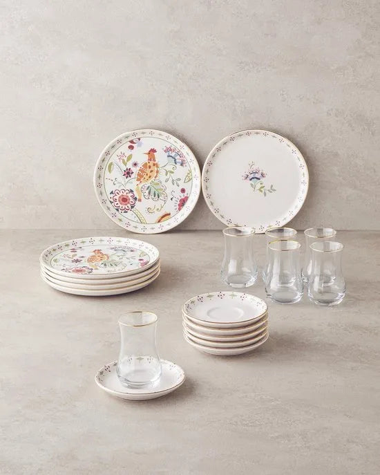 English Home Angelo Seramik Gebakset 18-delig – 6 Personen – Dessertborden Set met Bloemenmotief – Multicolor – Vaatwasserbestendig
