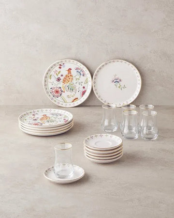 English Home Angelo Seramik Gebakset 18-delig – 6 Personen – Dessertborden Set met Bloemenmotief – Multicolor – Vaatwasserbestendig
