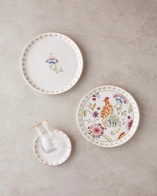 English Home Angelo Seramik Gebakset 18-delig – 6 Personen – Dessertborden Set met Bloemenmotief – Multicolor – Vaatwasserbestendig