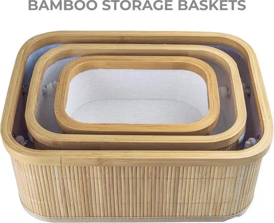 ENGLISH HOME Bamboe manden 3 stuks - Multifunctionele mand - Opbergmanden - 40x30x16cm | 36x26x14cm| 30x22x12cm | Opberg Box/Doos/Mand/Vakken - Opbergsysteem