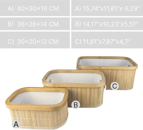 ENGLISH HOME Bamboe manden 3 stuks - Multifunctionele mand - Opbergmanden - 40x30x16cm | 36x26x14cm| 30x22x12cm | Opberg Box/Doos/Mand/Vakken - Opbergsysteem