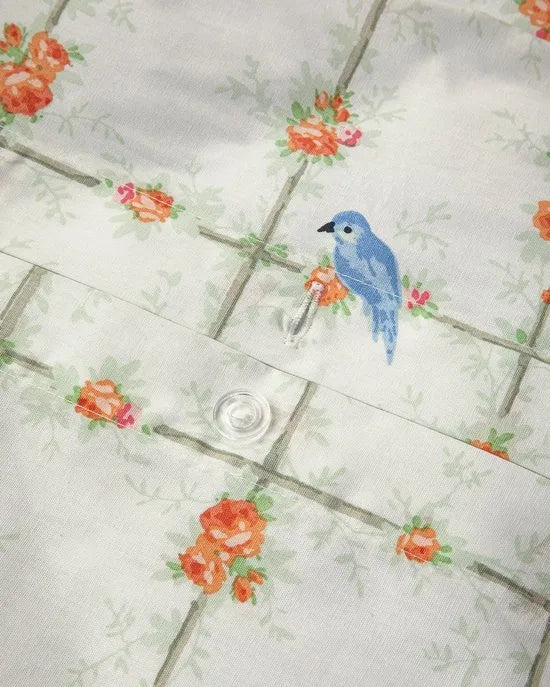 English Home Dekbedovertrekset - Mystery Birds - 100% Katoen - King Size - 2 Kussenslopen -240 x 220 cm - Beige/Kleurrijk