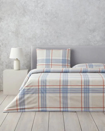 English Home Dekbedovertrekset - Natural Plaid - Easy Iron - 200 x 220 cm - Gestreept -Blauw Beige