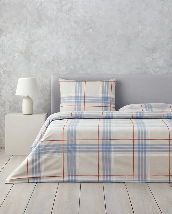 English Home Dekbedovertrekset - Natural Plaid - Easy Iron - 200 x 220 cm - Gestreept -Blauw Beige