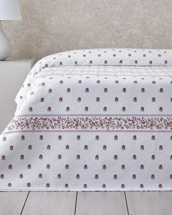 English Home - Floral Lines Deken- Bedsprei - Zomerdeken - 100% Katoen - Een Persoons - 150x220 cm - Wit/Roze