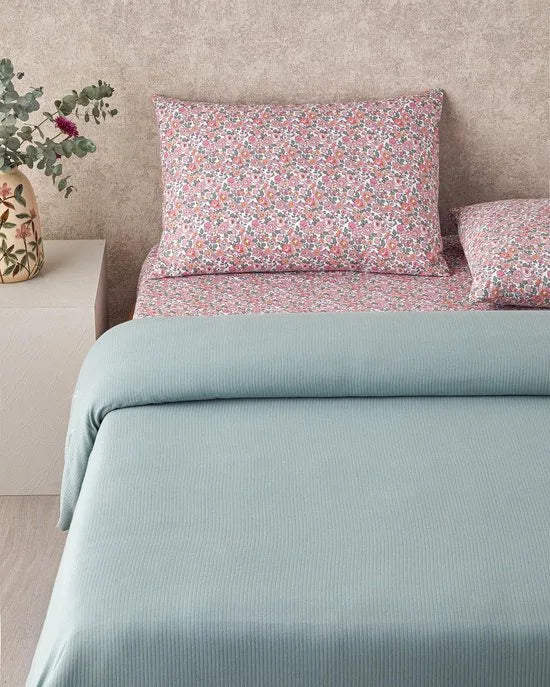English Home – Floret Bloom Zomerdekenset - Luxe Uitvoering - Incl. Hoeslaken 160x200+30 - Incl. 2 kussenslopen - 200x 220 cm – Groen/Roze – Model 2