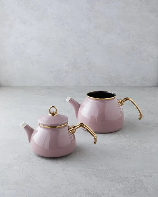 English Home - Isidora Theepot 1,1 lt + 2,3 lt - Emaille - Oud Roze/Goud