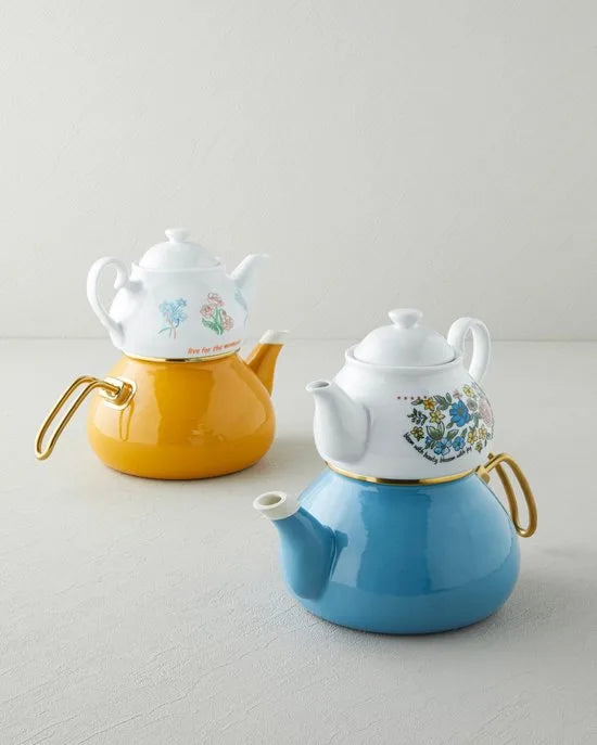 English Home Lively Porseleinen Emaille Theepot Set 0,85L + 2,2L – Blauw – Theepot met Ketel – Vaatwasserbestendig