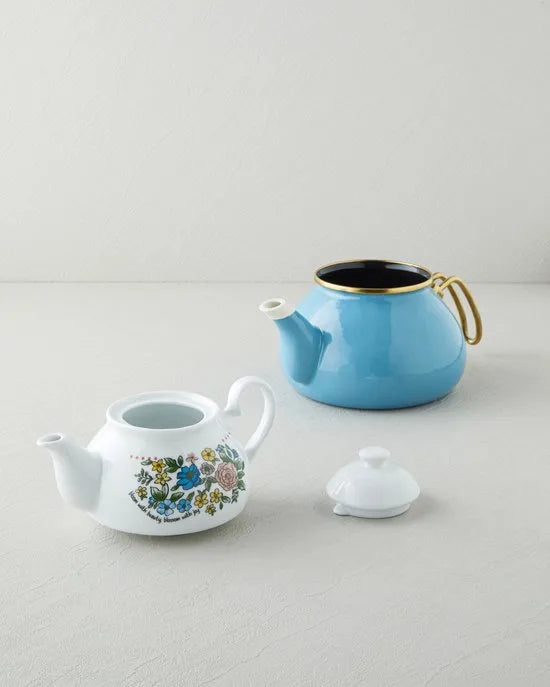 English Home Lively Porseleinen Emaille Theepot Set 0,85L + 2,2L – Blauw – Theepot met Ketel – Vaatwasserbestendig