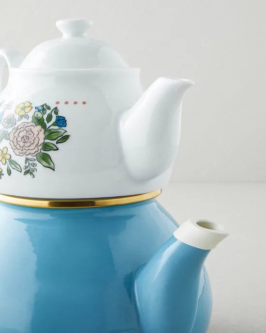 English Home Lively Porseleinen Emaille Theepot Set 0,85L + 2,2L – Blauw – Theepot met Ketel – Vaatwasserbestendig