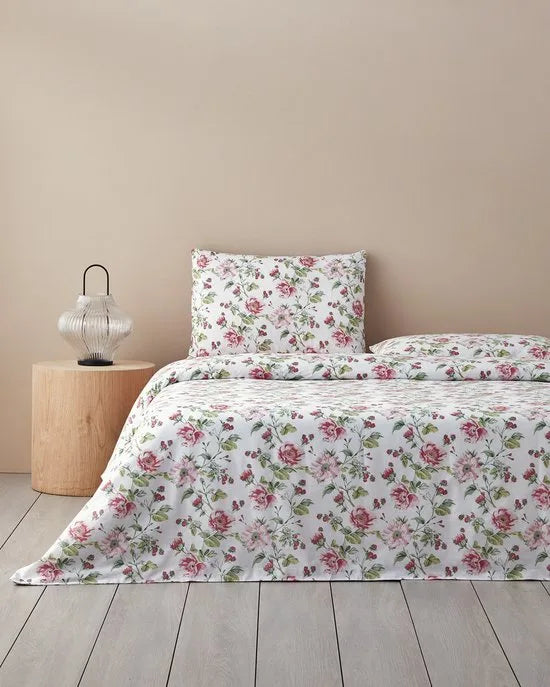 English Home - Sparkling Flowers Dekbedovertrekset - 100% katoen - Incl. Hoeslaken 100x200 - Eenpersoons 160 x 220 cm - Kussensloop- Roze -Groen kleur