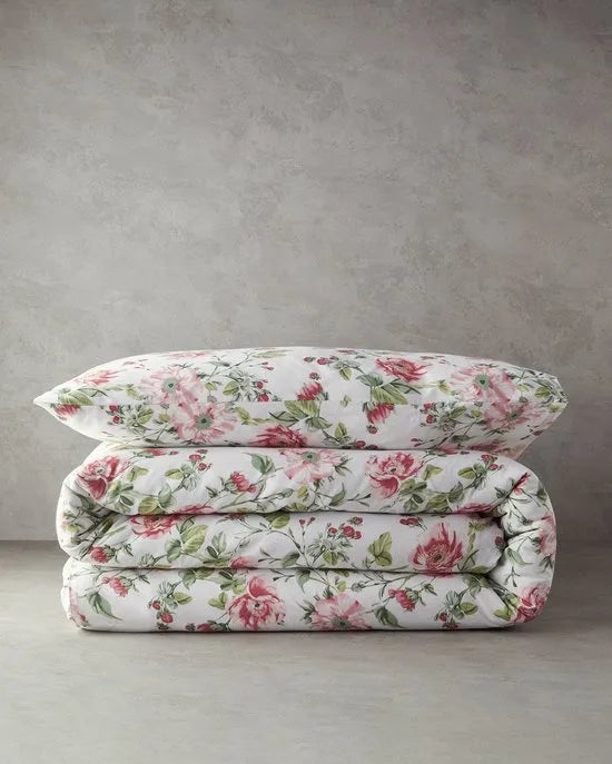English Home - Sparkling Flowers Dekbedovertrekset - 100% katoen - Incl. Hoeslaken 100x200 - Eenpersoons 160 x 220 cm - Kussensloop- Roze -Groen kleur