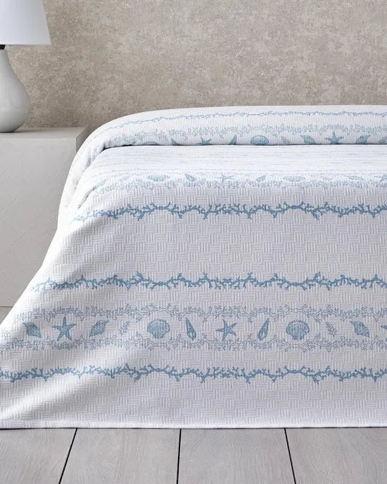 English Home - Submarine Treasures Zomerdeken - Bedsprei - 100% Katoen - King Size - 240x220 cm – Blauw/Wit