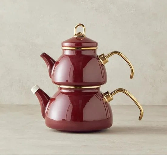 English Home Theepot 0,50 lt + 1,1 lt -Kopenhagen - Emaille - Rood Bruin