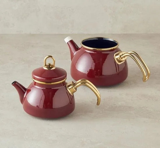 English Home Theepot 0,50 lt + 1,1 lt -Kopenhagen - Emaille - Rood Bruin