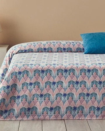 English Home - Tropical Palm Zomerdeken - Deken - Tweepersoons - 100% Katoen - 200x220 cm – Blauw/Kleurrijk